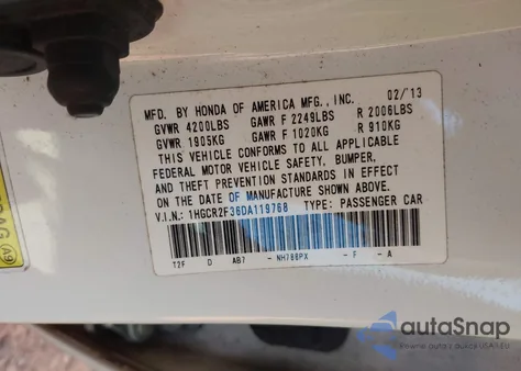 2013 Honda Accord Lx z USA, uszkodzony, nr VIN 1HGCR2F36DA119768